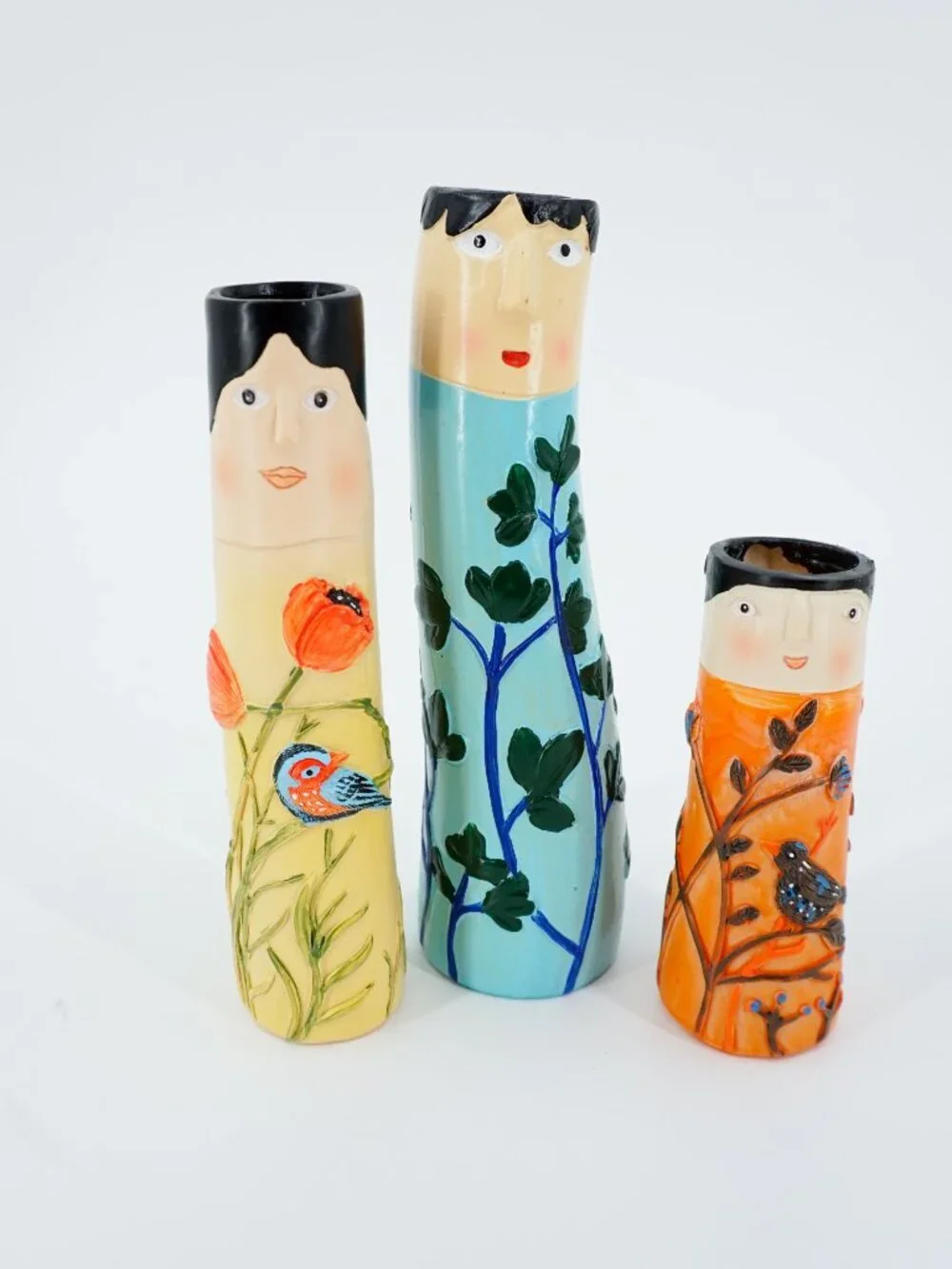 Set of 3 Hand Painted Ceramic Face Cylinder Vases, Women Floral Bird Decor